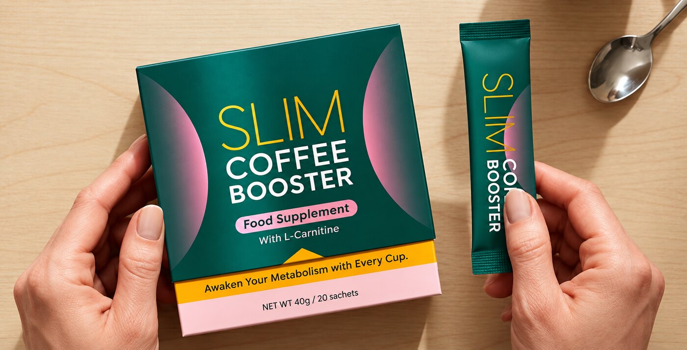 Hand hält ein Sachet Slim Coffee Booster über eine Tasse Kaffee